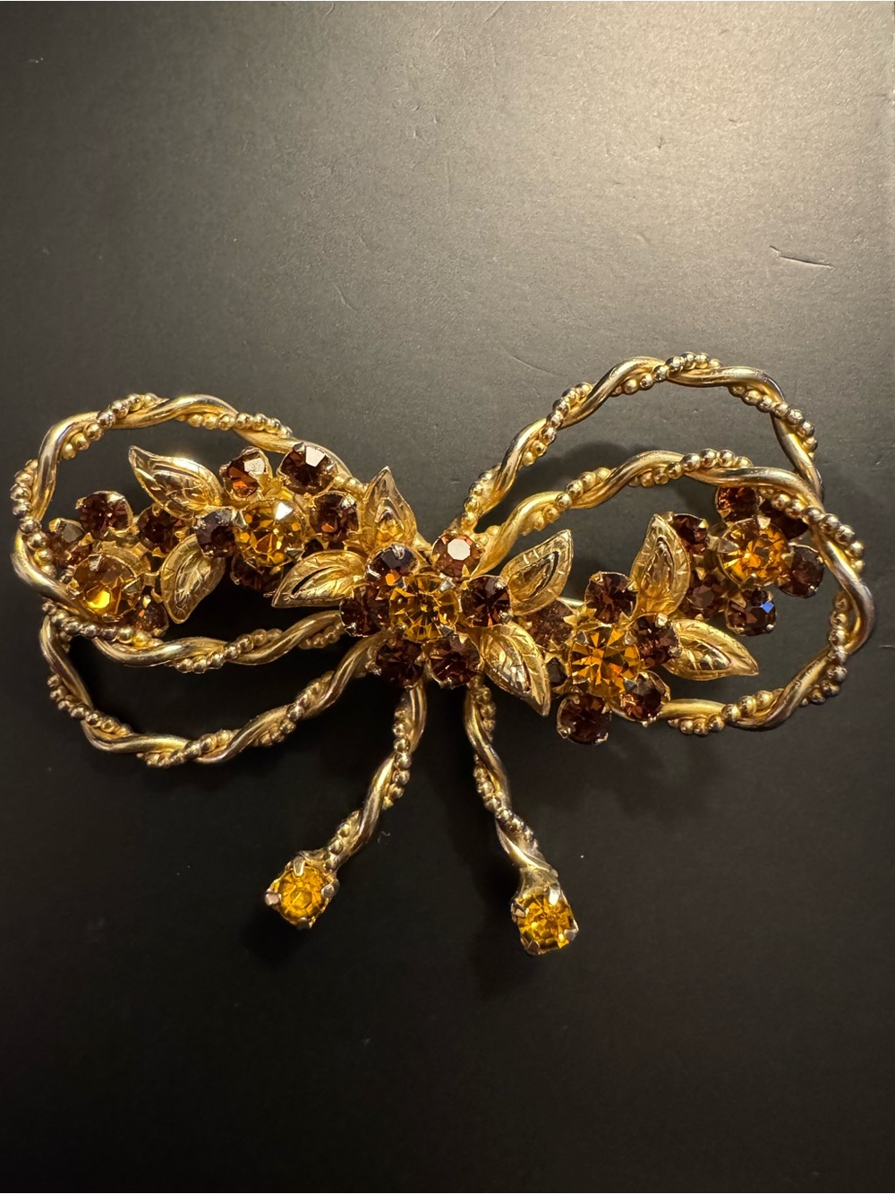 Vintage Amber and Chocolate Rhinestone Bow Brooch - 2.5”